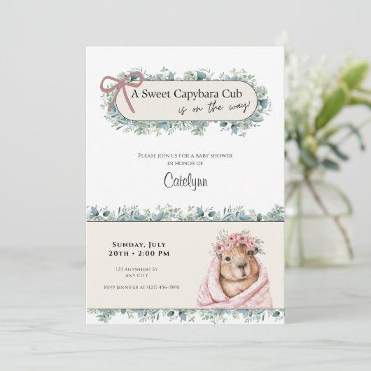 Capybara Baby Shower Invitation • Greenery Theme Save The Date (Staand voorkant)