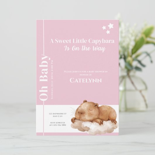 Capybara Baby Shower Invitation • Oh Baby Pink Save The Date (Staand voorkant)