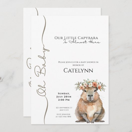 Capybara Baby Shower Invitation • Oh Baby Save The Date (Voorkant / Achterkant)