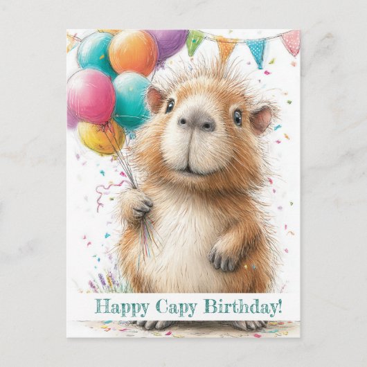 Capybara Birthday Card • Cute Balloon Design Briefkaart (Voorkant)
