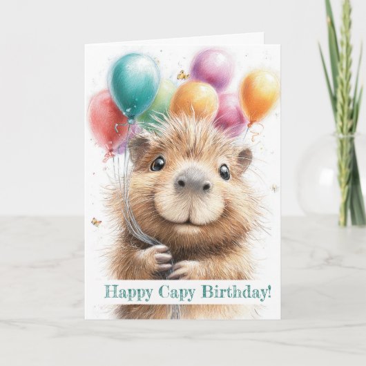 Capybara Birthday Card • Cute Balloon Design Kaart (Voorkant)