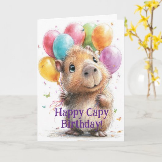 Capybara Birthday Card • Cute Balloon Design Kaart (Gele Bloem)