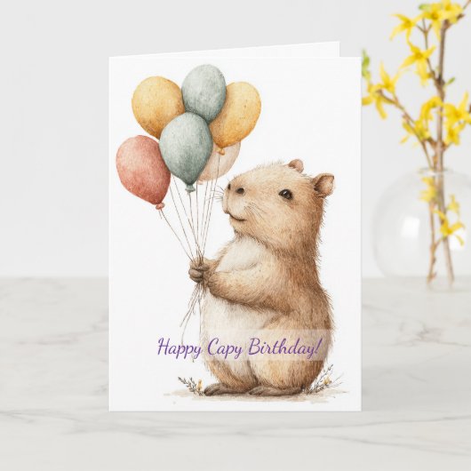 Capybara Birthday Card • Cute Balloon Design Kaart (Gele Bloem)