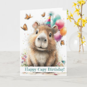 Capybara Birthday Card • Cute Balloon Design Kaart