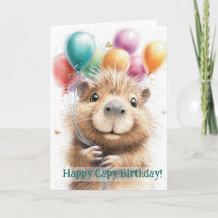 Capybara Birthday Card • Cute Balloon Design Kaart