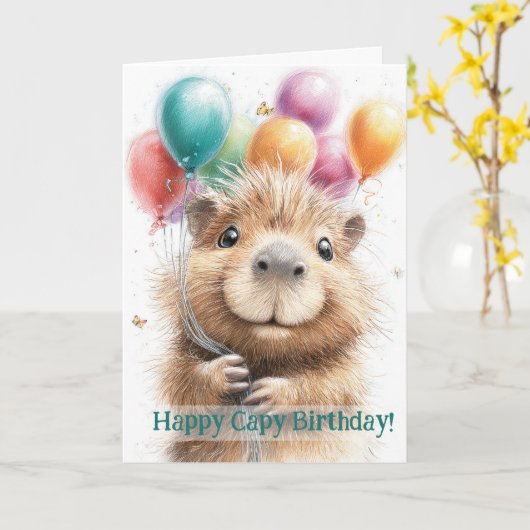 Capybara Birthday Card • Cute Balloon Design Kaart (Gele Bloem)