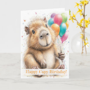 Capybara Birthday Card • Cute Balloon Design Kaart