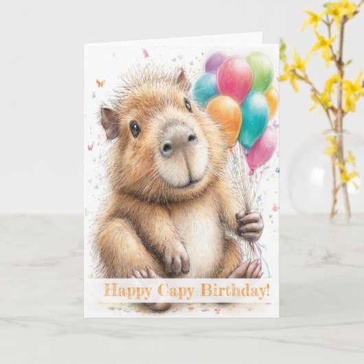 Capybara Birthday Card • Cute Balloon Design Kaart (Gele Bloem)