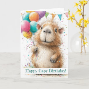 Capybara Birthday Card • Cute Balloon Design Kaart