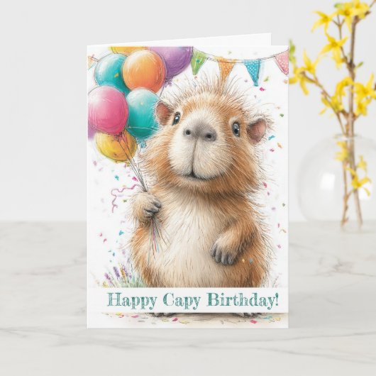 Capybara Birthday Card • Cute Balloon Design Kaart (Gele Bloem)