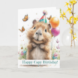 Capybara Birthday Card • Cute Balloon Design Kaart