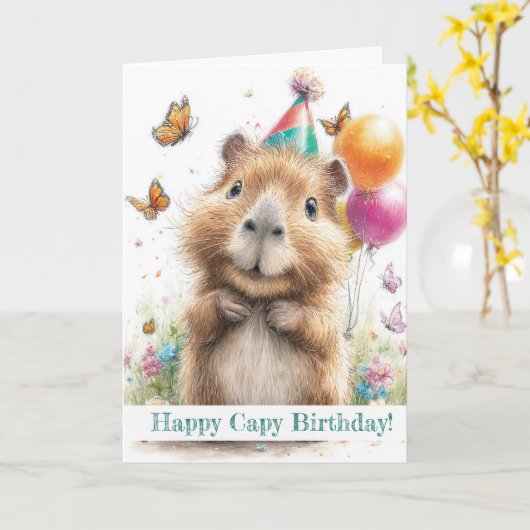 Capybara Birthday Card • Cute Balloon Design Kaart (Gele Bloem)