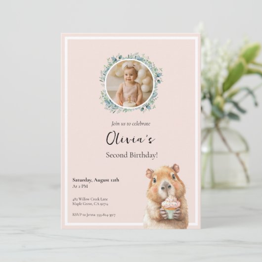 Capybara Birthday Invitation 2nd Aankondiging (Staand voorkant)