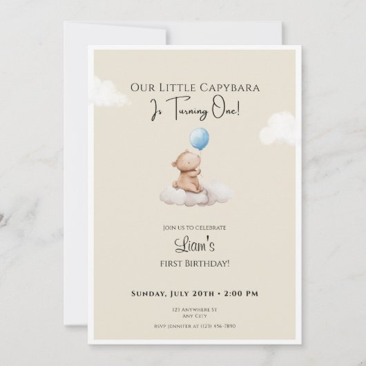 Capybara Birthday Invitation Cloud and Balloon Kaart (Voorkant)