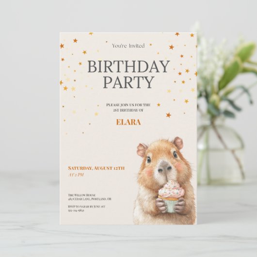 Capybara Birthday Invitation • Cute First Birthday Save The Date (Staand voorkant)