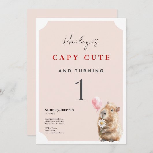 Capybara Birthday Invitation • First Birthday Part Kaart (Voorkant / Achterkant)