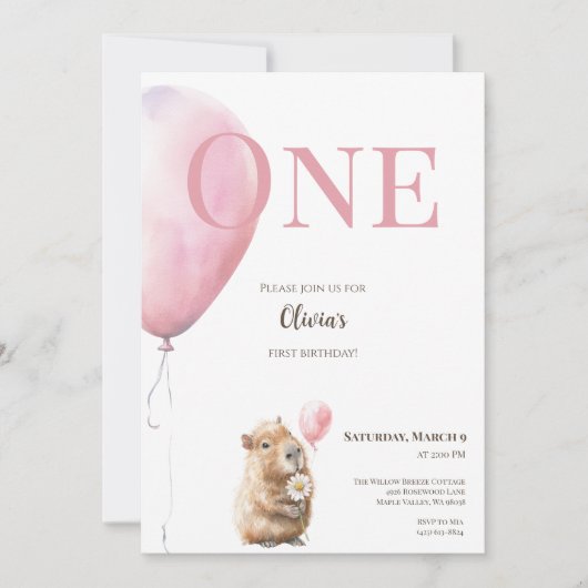 Capybara Birthday Invitation • Pink Balloon (Voorkant)