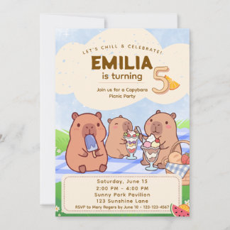 Capybara Birthday Picnic Invitation Kaart