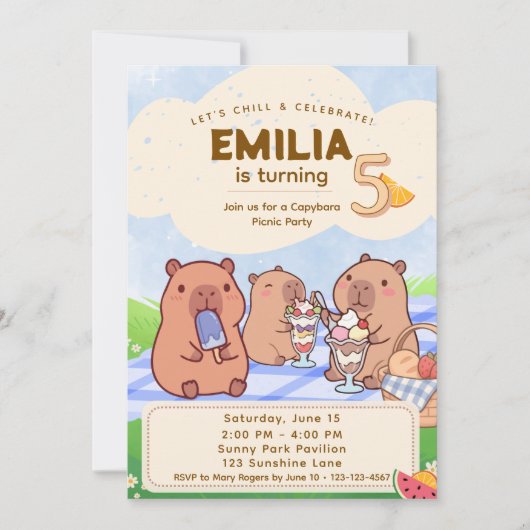 Capybara Birthday Picnic Invitation Kaart (Voorkant)