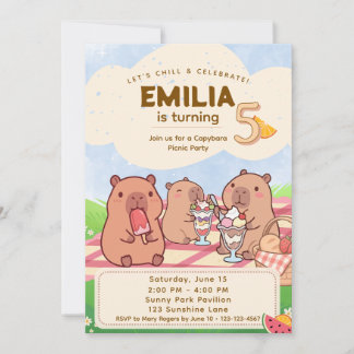 Capybara Birthday Picnic Invitation Kaart