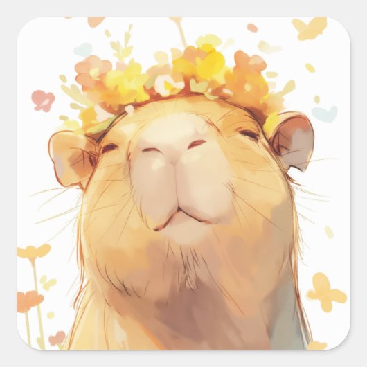 Capybara Bloemenkroon Vierkante Sticker (Voorkant)