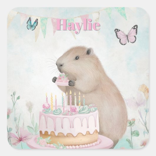 Capybara Cakefest Kinder Partij Sticker - Roze Cus (Voorkant)
