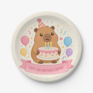 Capybara Capy 3e verjaardag meisjesnaam Roze lint Papieren Bordje