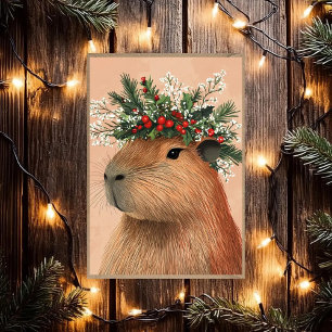 Capybara Christmas Holly Baby Breath Flower Crown Feestdagenkaart