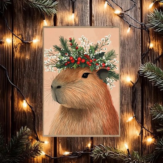 Capybara Christmas Holly Baby Breath Flower Crown Feestdagenkaart
