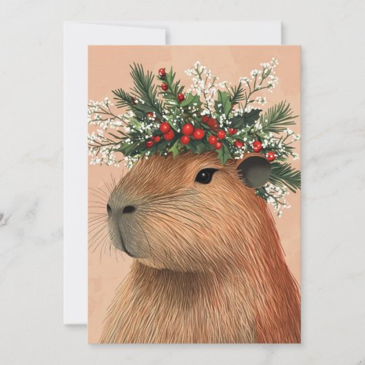 Capybara Christmas Holly Baby Breath Flower Crown Feestdagenkaart (Voorkant)
