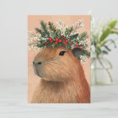 Capybara Christmas Holly Baby Breath Flower Crown Feestdagenkaart (Staand voorkant)