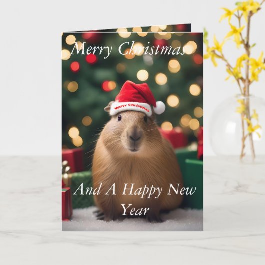 Capybara Claus: Een feestelijk Bokeh Wonderland Kaart (Gele Bloem)