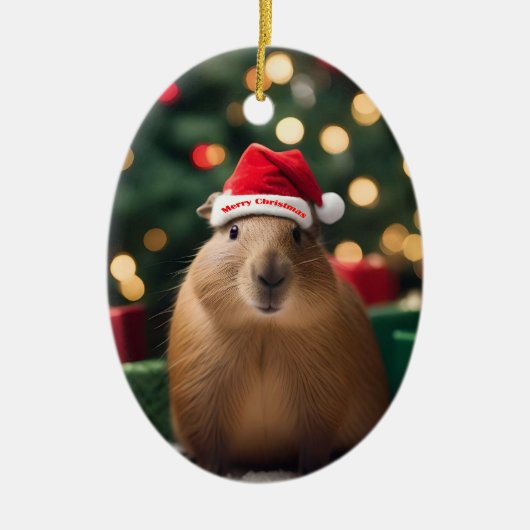 Capybara Claus: Een feestelijk Bokeh Wonderland Keramisch Ornament (Voorkant)