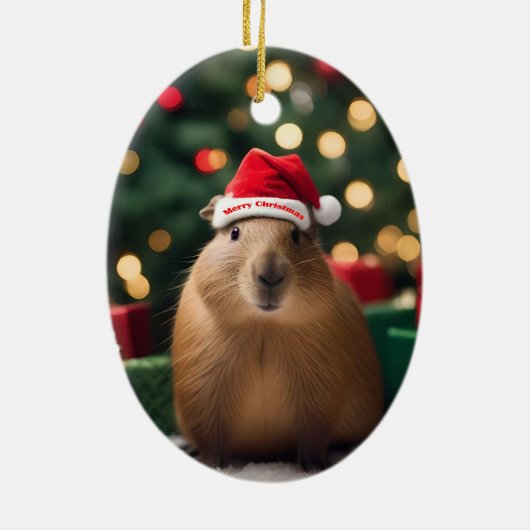 Capybara Claus: Een feestelijk Bokeh Wonderland Keramisch Ornament (Achterkant)