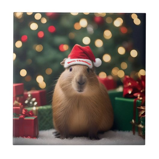 Capybara Claus: Een feestelijk Bokeh Wonderland Tegeltje (Voorkant)