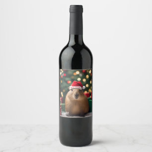 Capybara Claus: Een feestelijk Bokeh Wonderland Wijn Etiket