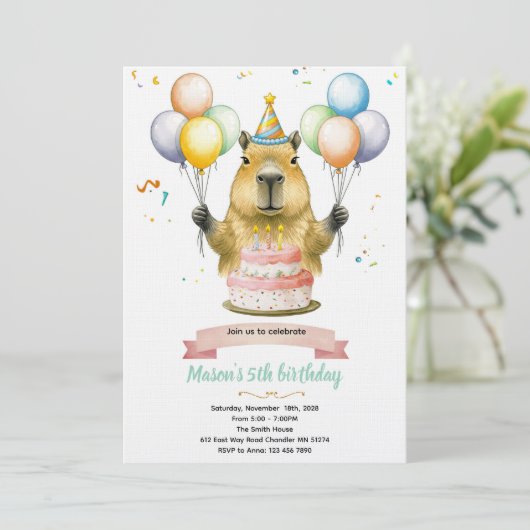 Capybara cute birthday invitation kaart (Staand voorkant)