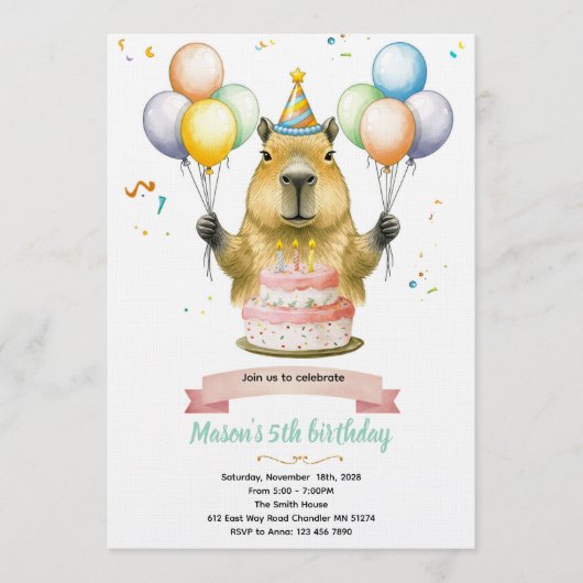 Capybara cute birthday invitation kaart (Voorkant)