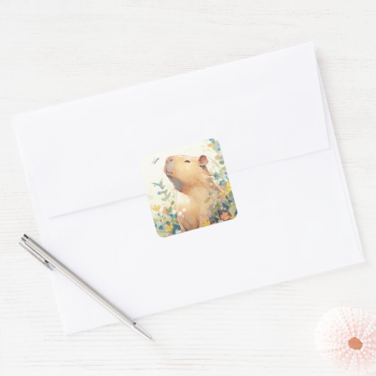 Capybara Daydream in de wei Vierkante Sticker (Envelop)