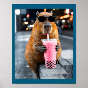 Capybara die iced boba thee drinkt grappige dieren poster