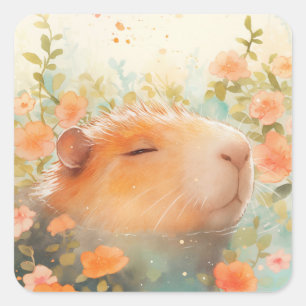 Capybara Drijvend Tussen Wilde Bloemen Vierkante Sticker