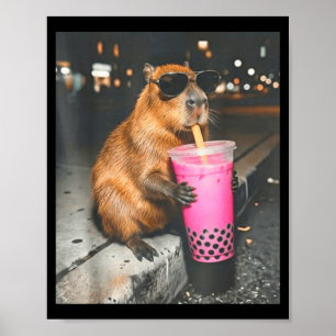 Capybara drinkt ijsthee met boba grappige dieren m poster