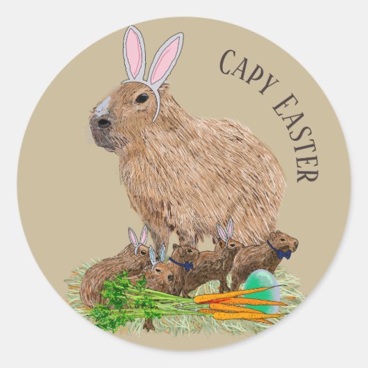 Capybara Easter Cute Bunny Funny Ronde Sticker (Voorkant)