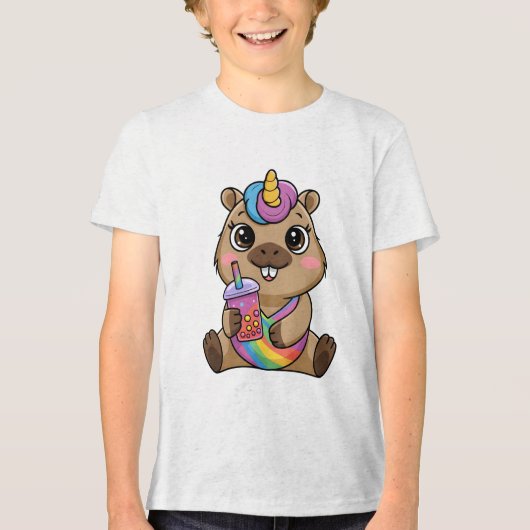 Capybara Eenhoorn Float Genietend van Bubble Tea u Tri-Blend Shirt (Voorkant)