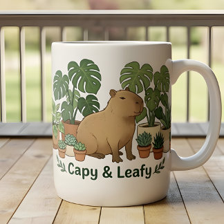 Capybara en Groene Planten – Schattige Botanische Tweekleurige Koffiemok