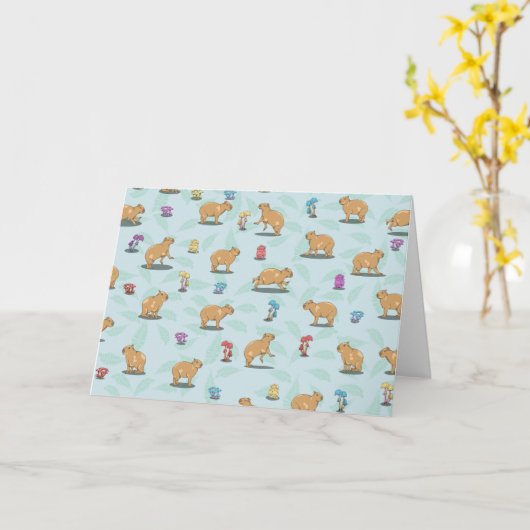 Capybara en paddenstoelenpatroon kaart (Gele Bloem)