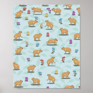 Capybara en paddenstoelenpatroon poster