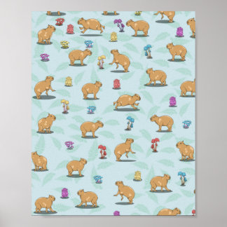 Capybara en paddenstoelenpatroon poster