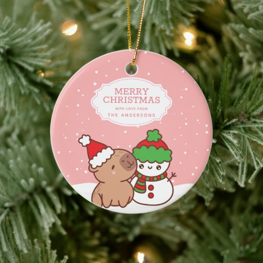 Capybara en Snowman Schattige vrolijk kerstfeest Keramisch Ornament (Boom)