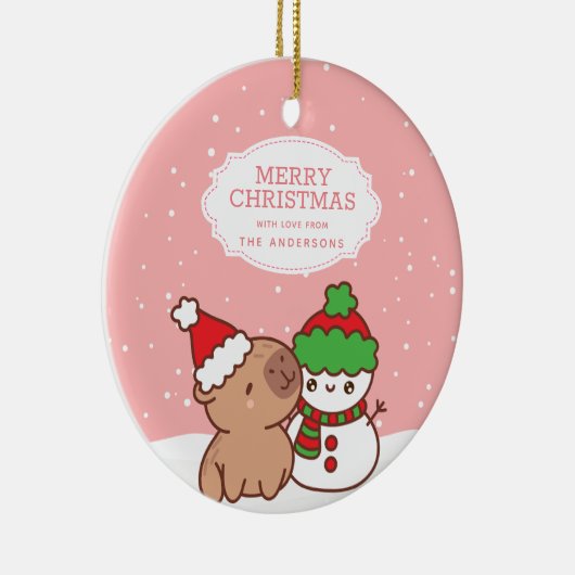 Capybara en Snowman Schattige vrolijk kerstfeest Keramisch Ornament (Rechts)
